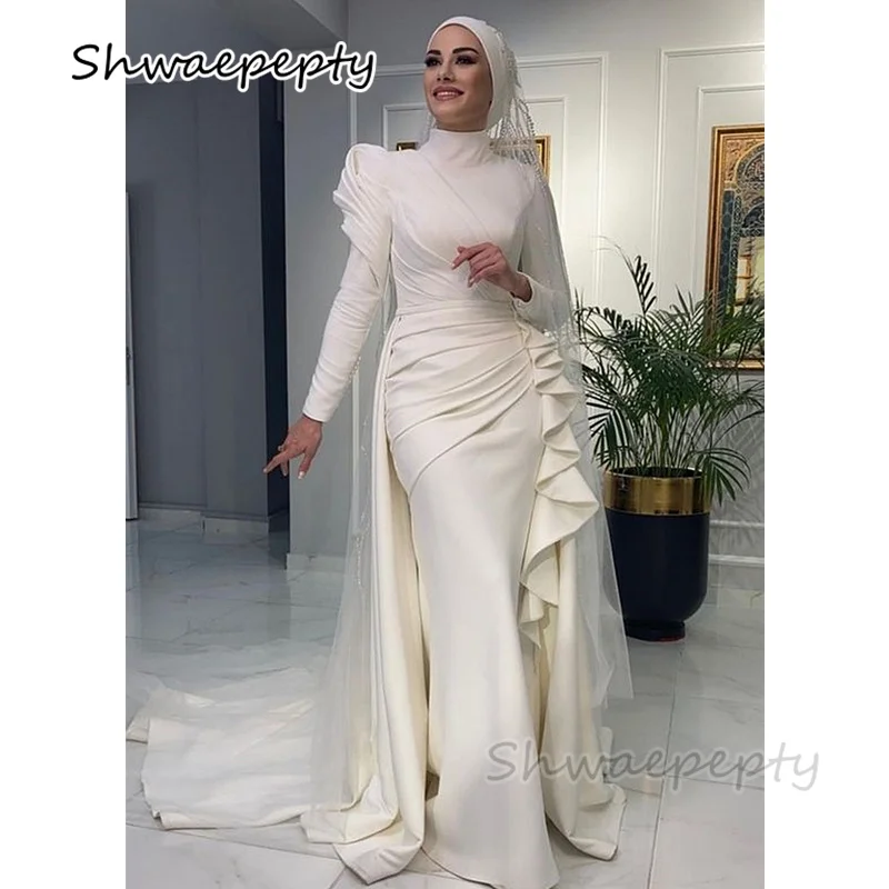 

Elegant Arabic Muslim Wedding Dress High Neck Ivory Satin Mermaid Bridal Gowns Long Sleeves Detachable Train Modest Bride Wear