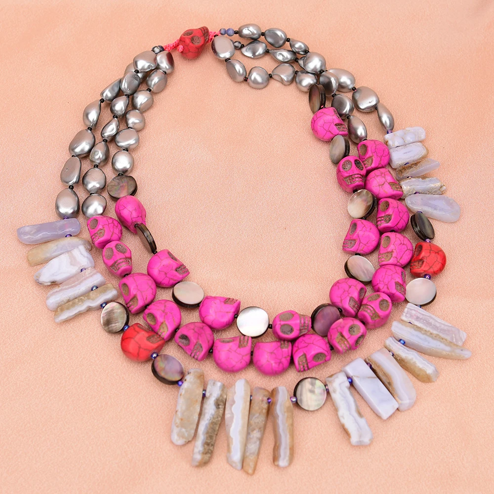 APDGG A64 Handmade 3 Rows Natural Mix Stone Shell Agate Turquoise Multi Strands Necklace
