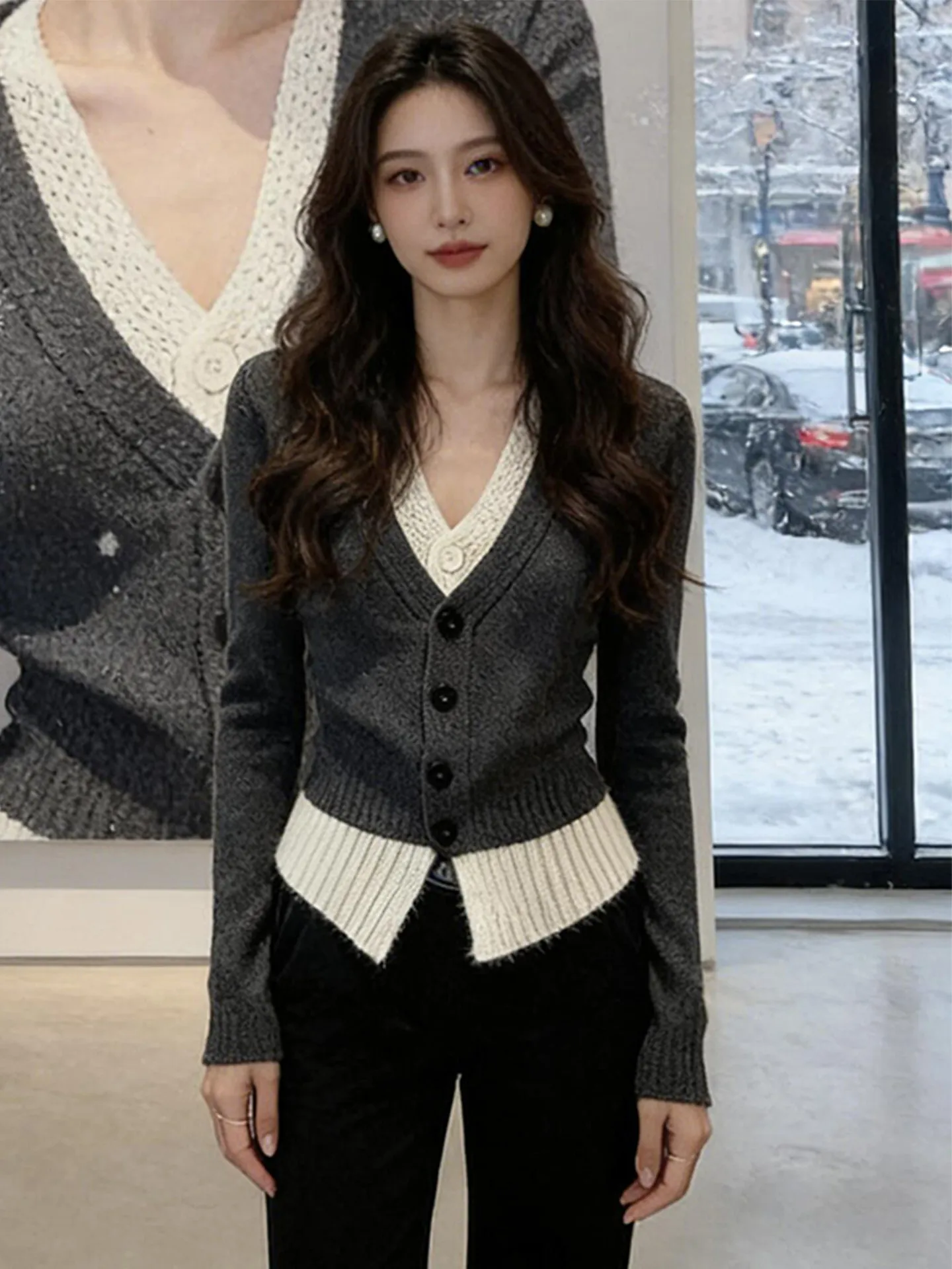 

Retro Beautiful ey V-Ne Long Sve Knitted Sweater Fake Two-Piece Women's Early Spring Simple Versatile Slim Fit irt