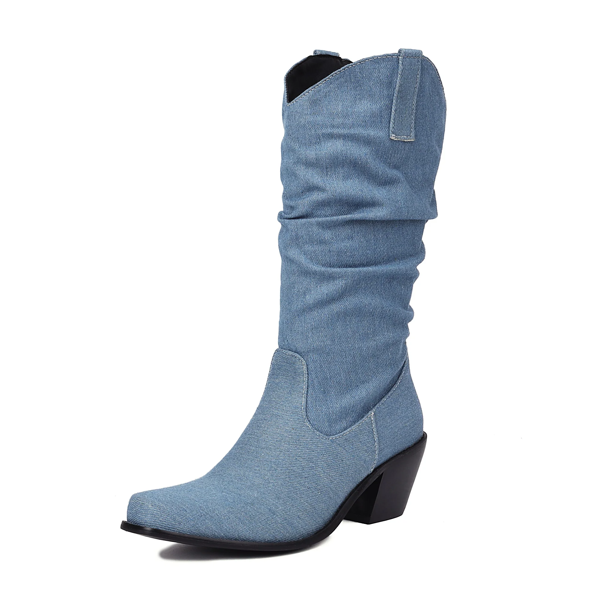 Western Style Cowgirl Slouch Boots For Women Mid Calf Cowboy Pleated Denim Boots Blue Chunky Heel Shoe 2024 Spring Fall Footwear