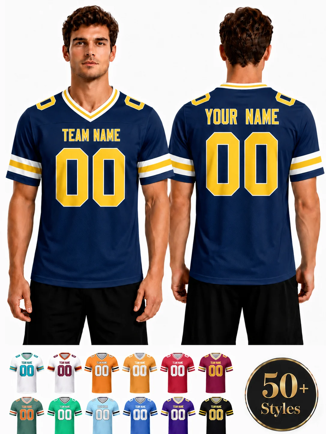 Personalized College American Football Shirt Custom Navy Yellow Football Jersey with Team Name Number Gift for Men Women Kids