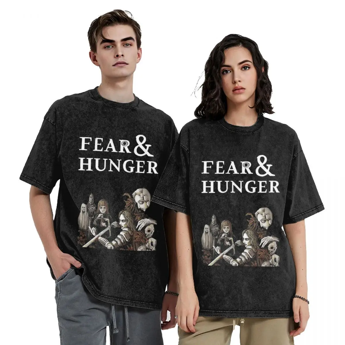 Fear And Hunger T Shirts Hip Hop Washed Cotton Harajuku T-Shirt Retro Men Women Tops Streetwear Printed Tee Shirt