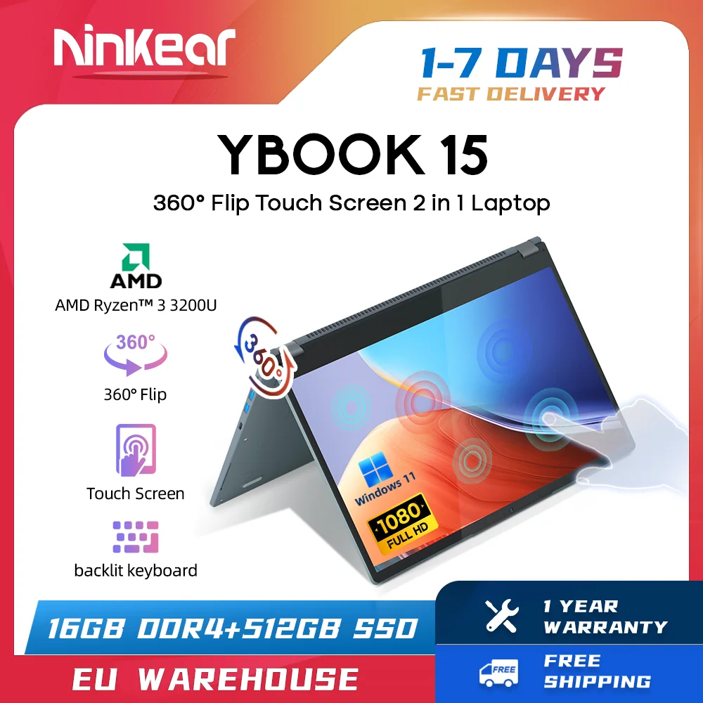 Ninkear YBOOK15 2 in 1 Laptop AMD Ryzen™ 3 3200U 15.6\' 360° flip FHD IPS Touchscreen 16G+512GB SSD Backlit Keyboard Windows 11