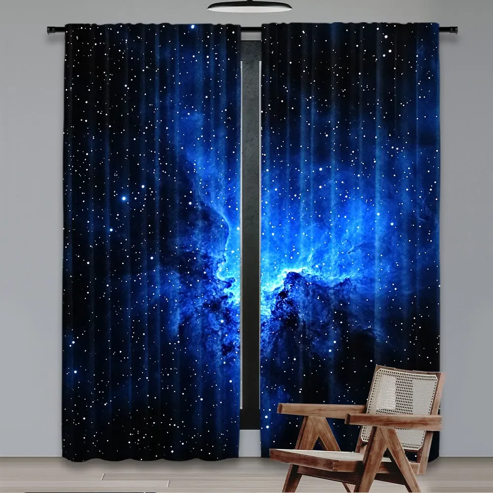 2Pcs Galaxy Stars Curtain Starry Night Sky Outer Space Galaxy Universe Nebula Space Window Drapes Room Decor