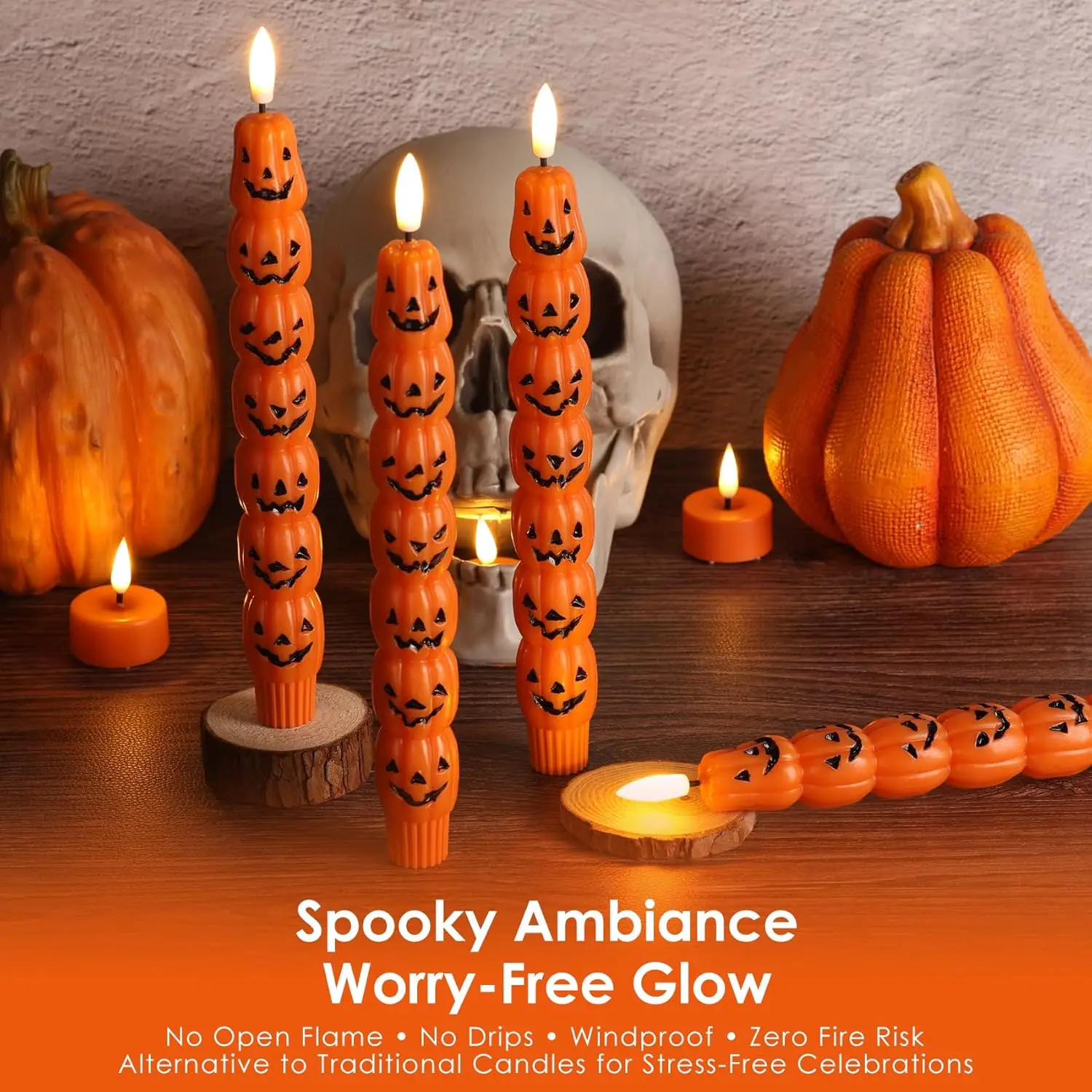 Pumpkin Halloween Flameless Taper Candles with Remote Flickering Spooky LED Candlesticks Battery Operated Candle Halloween Decor