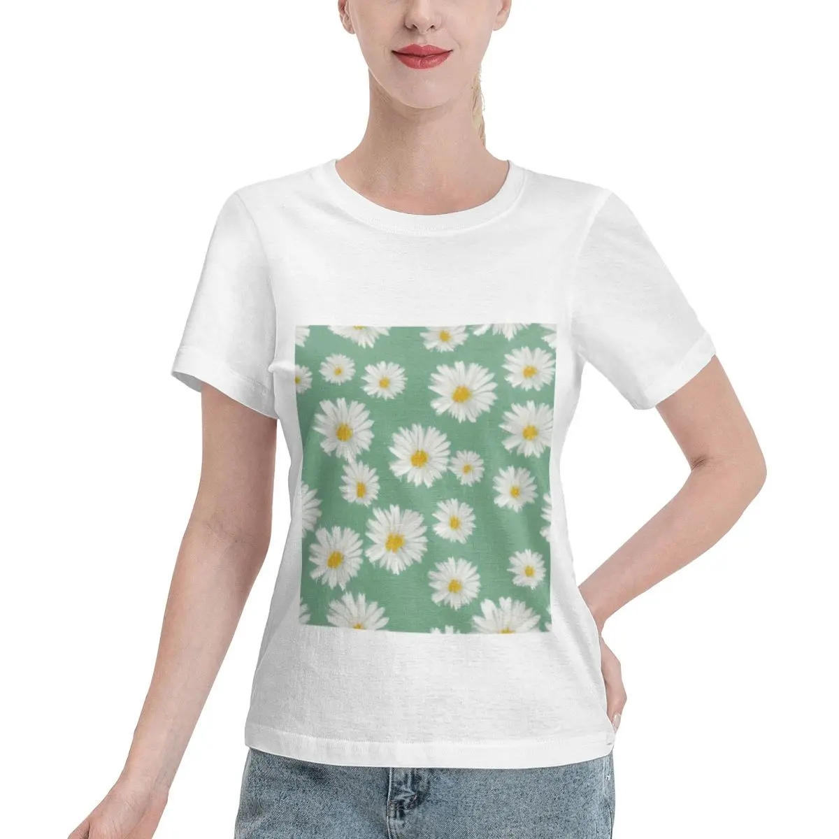 Cheap Throw Pillow With Beautiful Daisies Painting - Spring Home Decor Women's T-shirt Classic Daily Non Fading Tee