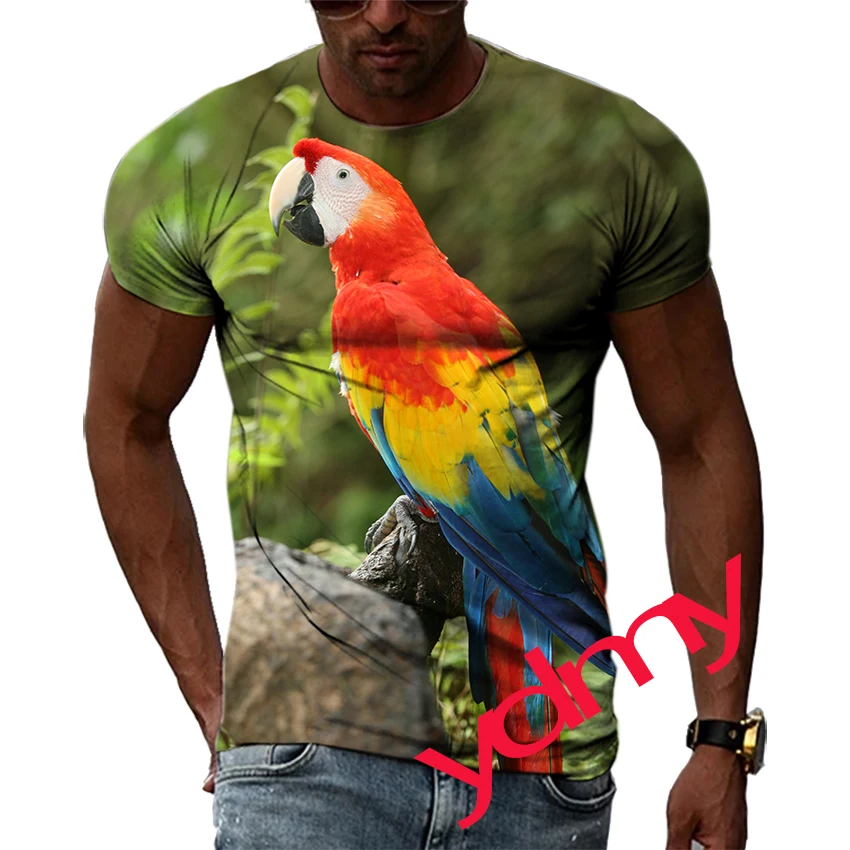 

Tide Fashion Summe Colored Parrot Picture Men's T-shirt Casual Print Tees Hip Hop Personality Round Neck Short Sleev Tops