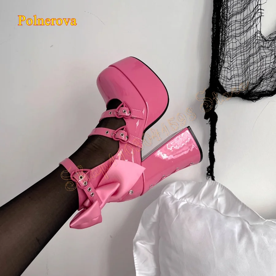 Cute Bow Leather High heel Shoes,Thick Sole Round Toe Pumps Thick Heel Strap Women Shoes Plus Size 2024 New Zapatos Para Mujere