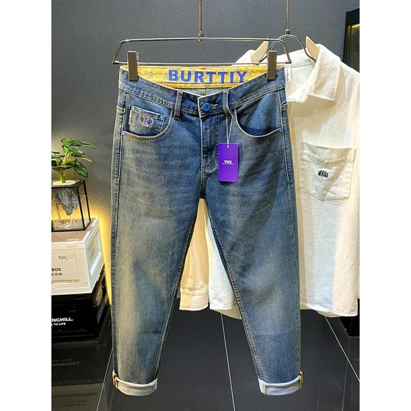 

New high-end dark blue jeans for men slim fit small feet elastic casual small straight leg long pants