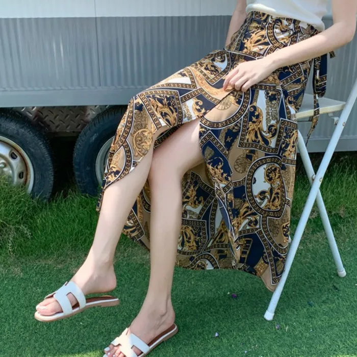 Gonna longuette floreale irregolare monopezzo adatta da spiaggia Gonna longuette casual da donna con nodo in vita in fibra di poliestere