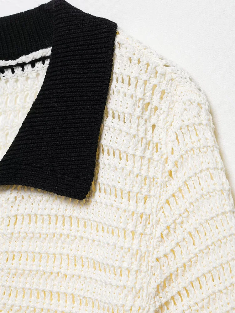 Siyang moda feminina bege arco rendas até camisola de malha vintage lapela pescoço mangas curtas feminino chique senhora outfits