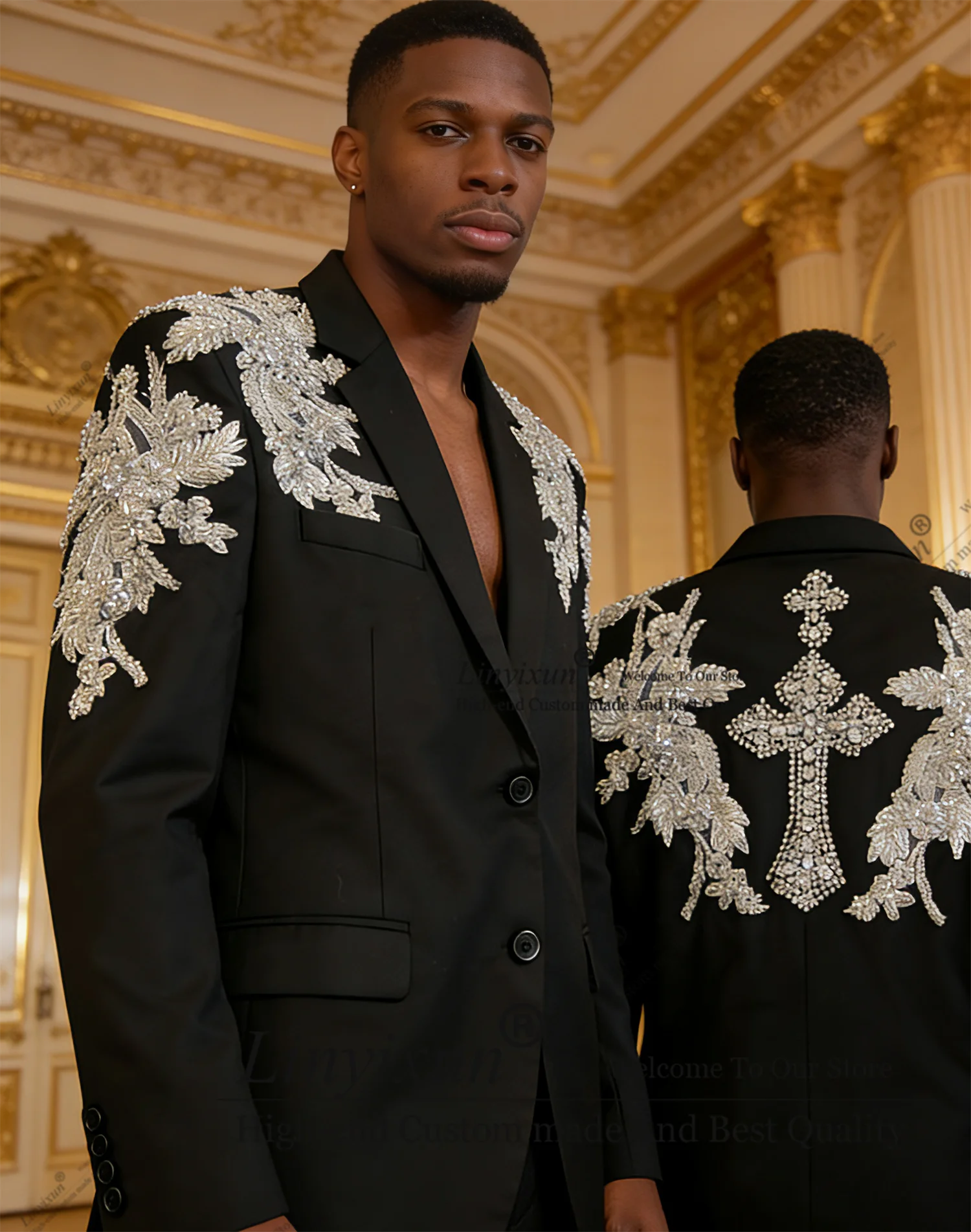 

Shiny Rhinestone Men Suits 2 Pieces Sets Wedding Groom Wear Tuxedos Customized Male Party Prom Blazers Slim Costume Homme