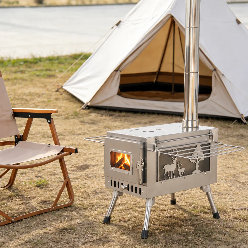 Stainless Steel Portable Wood Burning Tent Stove Double View Glass Window Camping Wood Stove Outdoor Heater for Cooking Heating