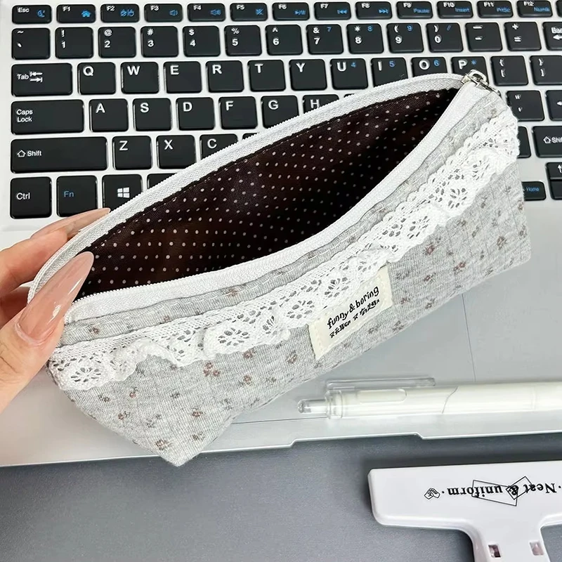 Pastoral Floral Print Makeup Bag Fresh And Sweet Lace Trim Large Capacity Stationery Storage Bag Women's Portable Coin Purse