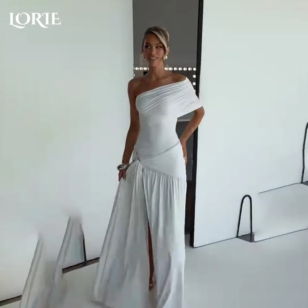 

LORIE Shawl Long Wedding Dresses One Shoulder Slit A-Line Bride Gown Pleats Illsion Bridal Dress vestidos de novia Customized