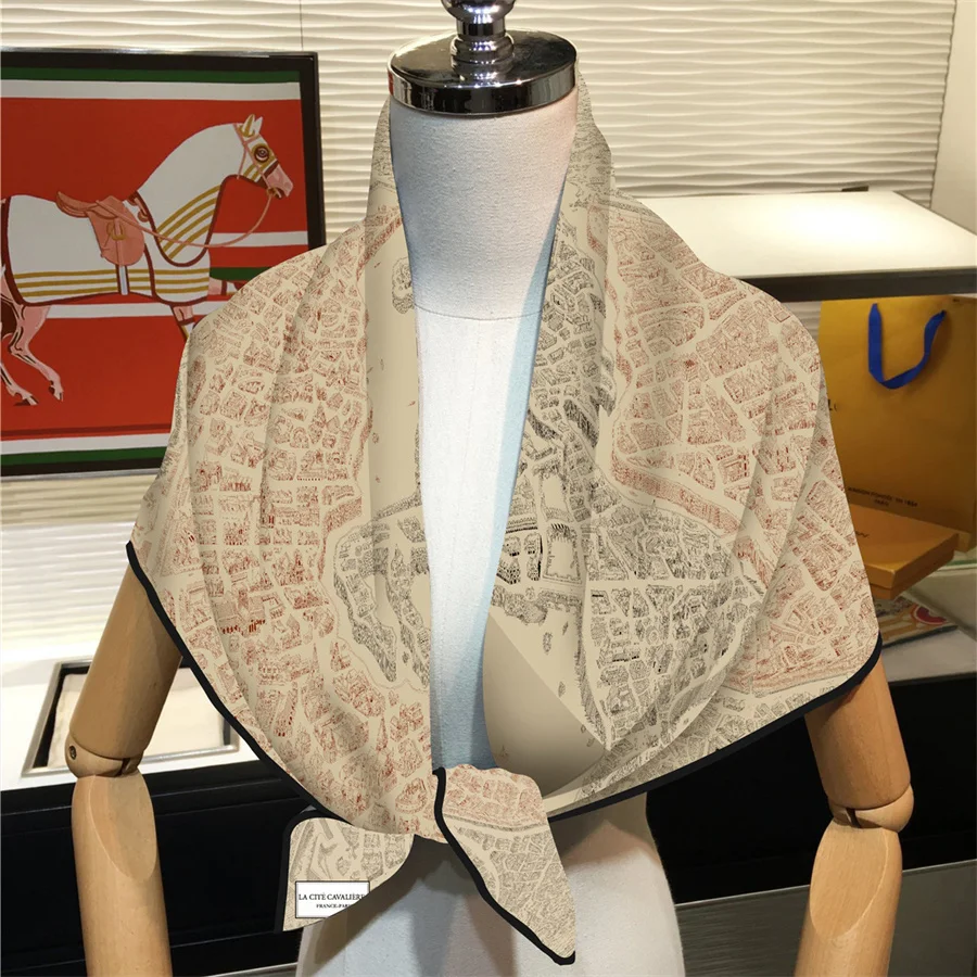 Silk Scarf Women Horse City Print Square Scarves Head Echarpes Silk Foulards Femme Wraps Beach Shawls Bandana Lady Hijabs 90CM