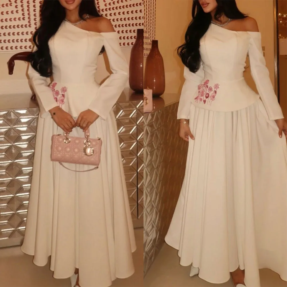 

High Quality Customized Asymmetrical One-Shoulder White Formal Dress with Pink Floral Embroidery, Fitted Peplum Top Flowy A-Line