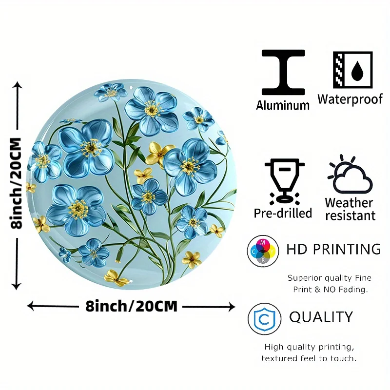 8x8 inch Round Aluminum Metal Sign with Blue Forget-me-nots and Yellow Yarrow Design, UV Protective Coating, Scratch-Resistant -