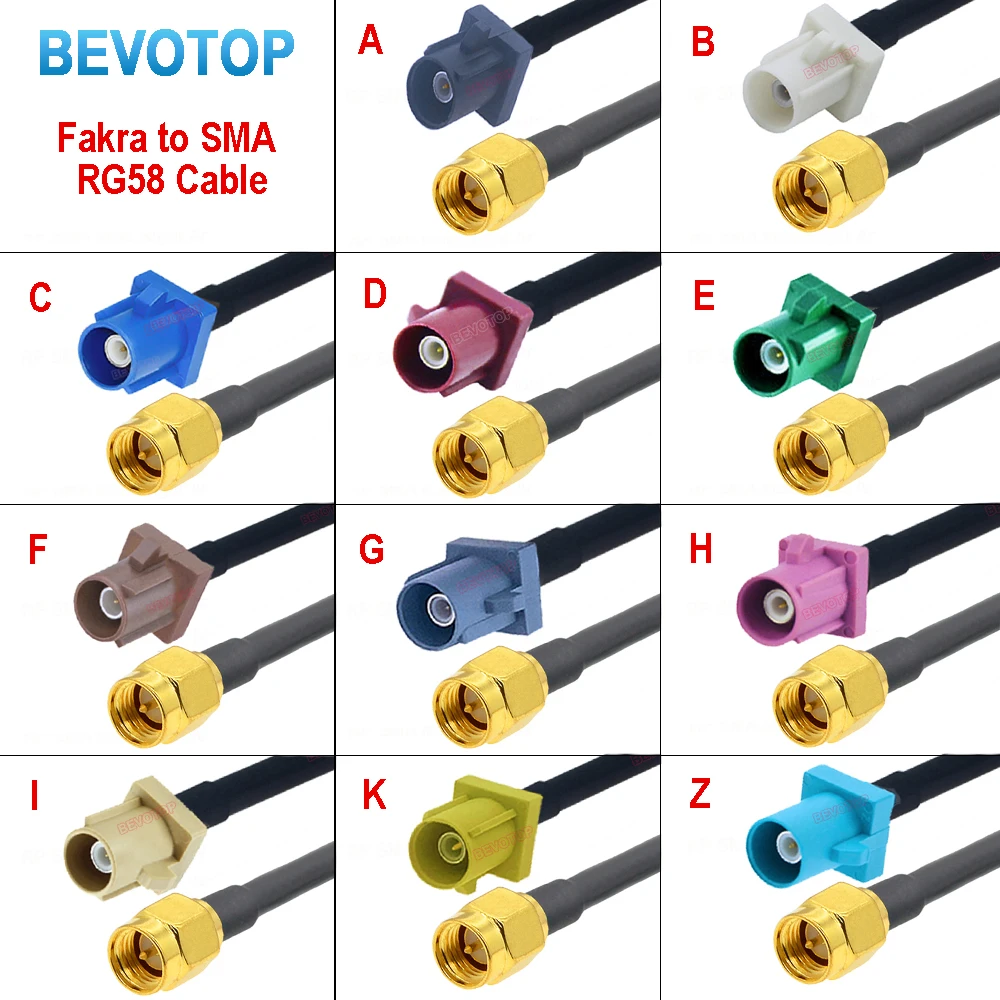 RG58 Fakra Cable Code A/B/C/D/F/G/H/I/K/Z Male Plug to SMA Male Plug Wire Harness RG58 Jumper BEVOTOP Auto Cable 10CM ~ 30M