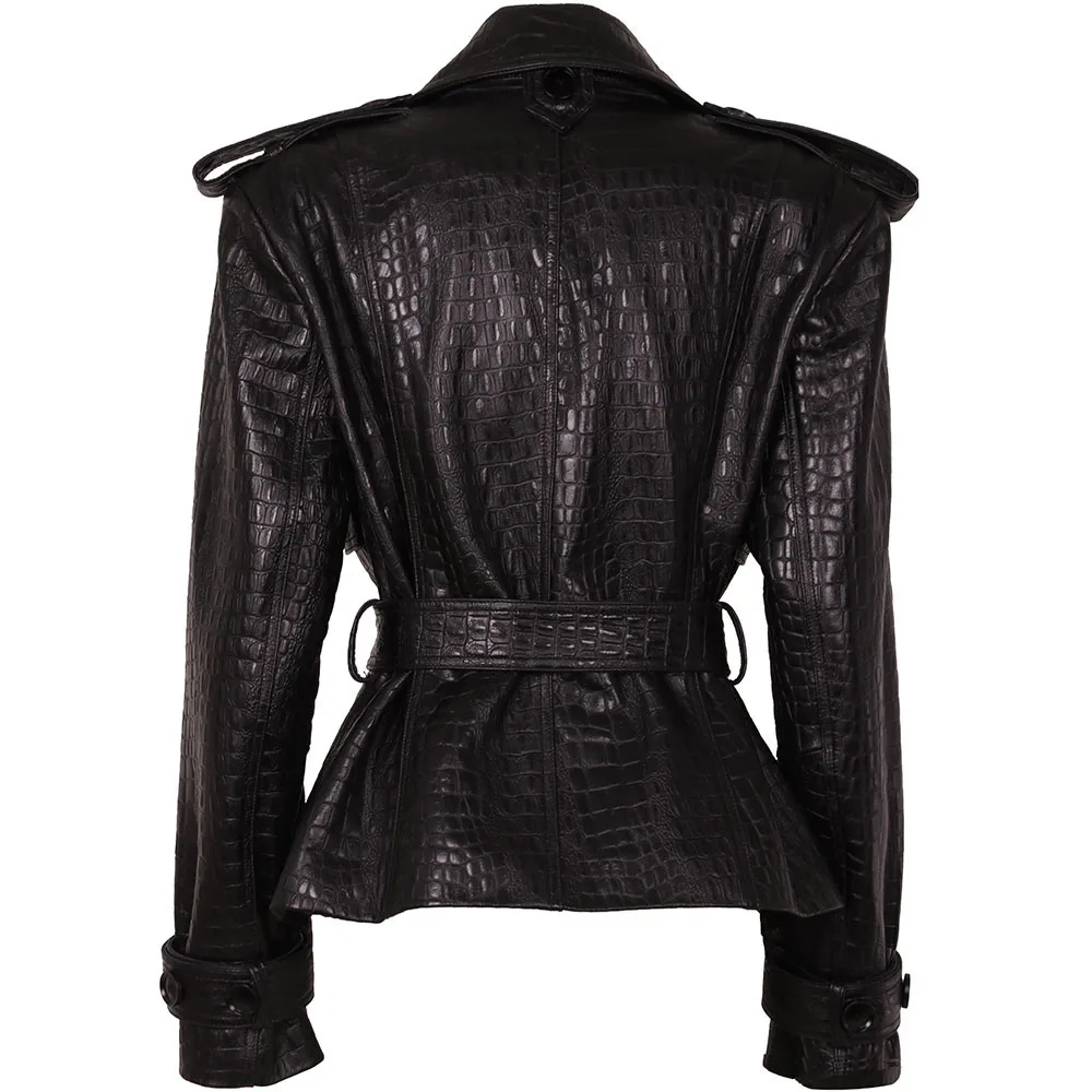 YOLOAgain Double Breasted Croc Pattern Leather Jacket Women 2026 Autumn New Genuine Leather Jacket Ladies