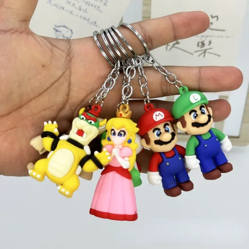 Super Mario Bros PVC Figura Chaveiro, Pingente de Animação, Princesa Peach Bowser Chaveiros, Acessórios para sacos de carro, Presentes DIY Jóias