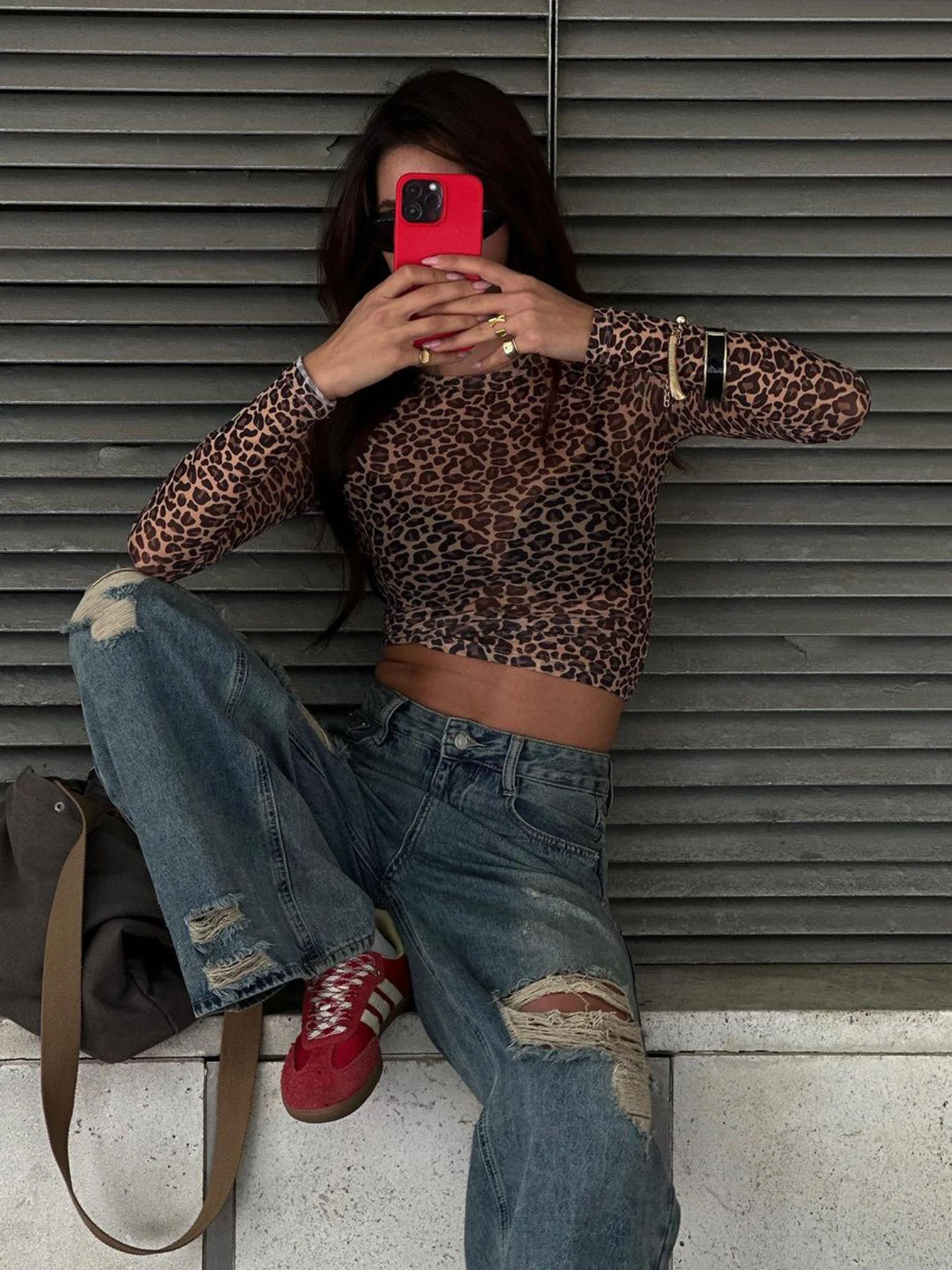 Hot Sexy Long Sleeves Crop Tops Mesh T Shirt Leopard Printed Bodycon Women Clothes Lady Party Club Streetwear Casual Retro Y2K