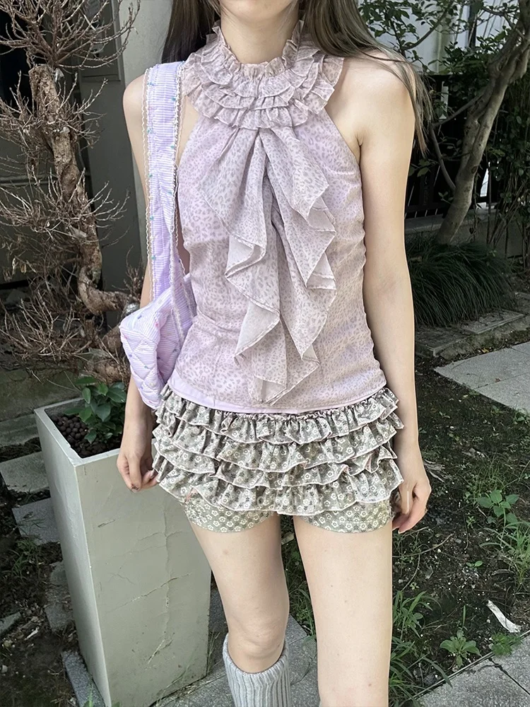 Vestido Corto Camila Estilo Early con Estampado de Leopardo Morado, Ribete de Encaje, Hombros Descubiertos, Sin Mangas, Estil...