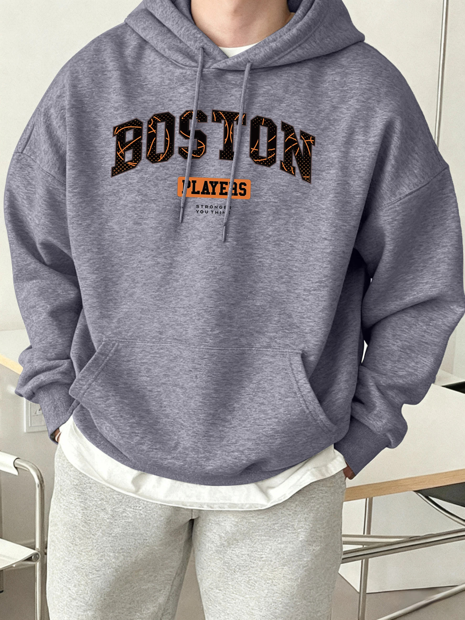 Boston Letter Creative Print Men Commute Hoodie Comfortable Loose Sweatshirts Autumn Fleece Clothing Pocket Jogging Streetwear