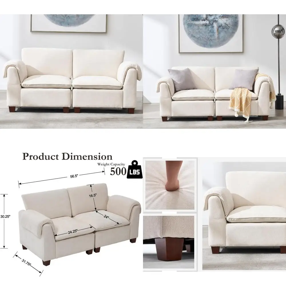 

Двухместный 56,5-дюймовый модульный диван-облако с подлокотниками-водопадом и подушкой для спины для гостиных и квартир