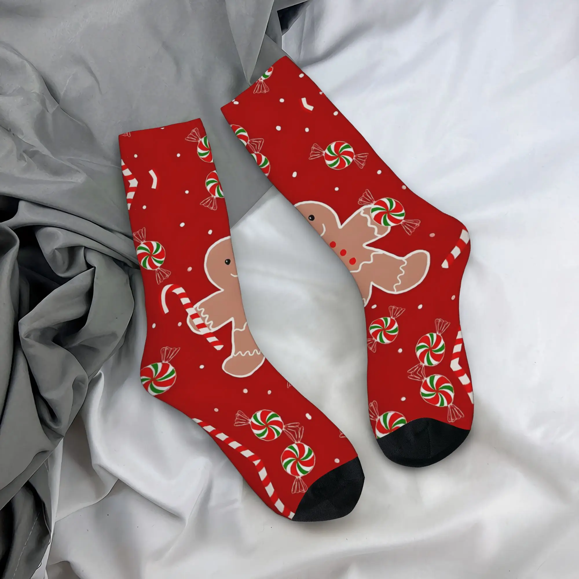 

Red 1 Pair Festive Gingerbread for Man Christmas Socks Retro Harajuku Hip Hop Style, Seamless Crew Crazy Socks with Candy Cane