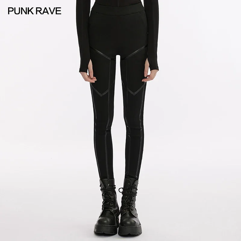 

PUNK RAVE Women's Techwear Style Patchwork Elastic Tight Fit Leggings Punk Faux Leather Spliced Female Cool Pants Spring Autumn