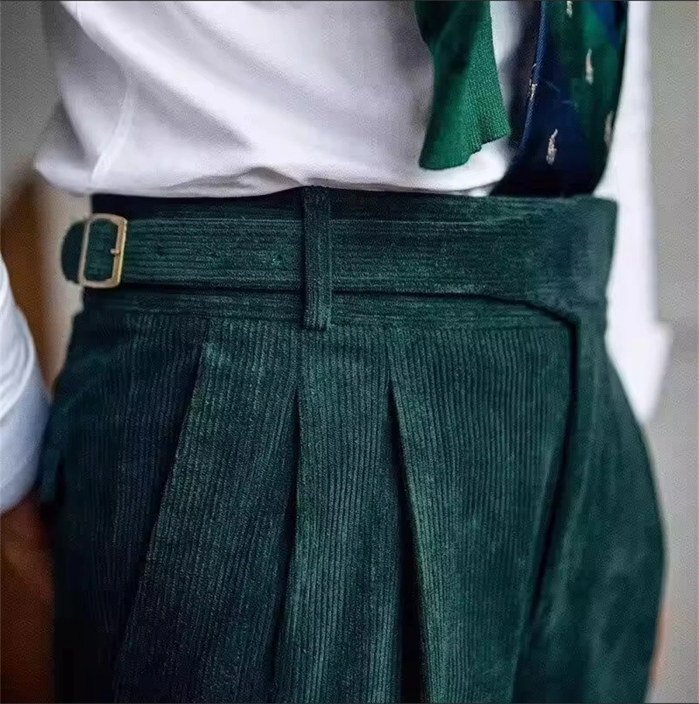 

Italian Style Corduroy Suit Pants Men High-waisted Adjustable Belt Straight Trousers Autumn England Business Casual Pant