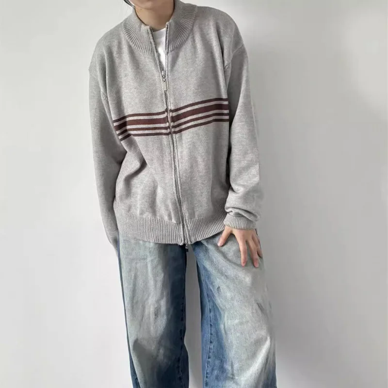 

American Retro Stand Collar Double Zipper Cardigan Sweater for Men Women, Spring and Autumn High-end Lazy Style Loose Knitte