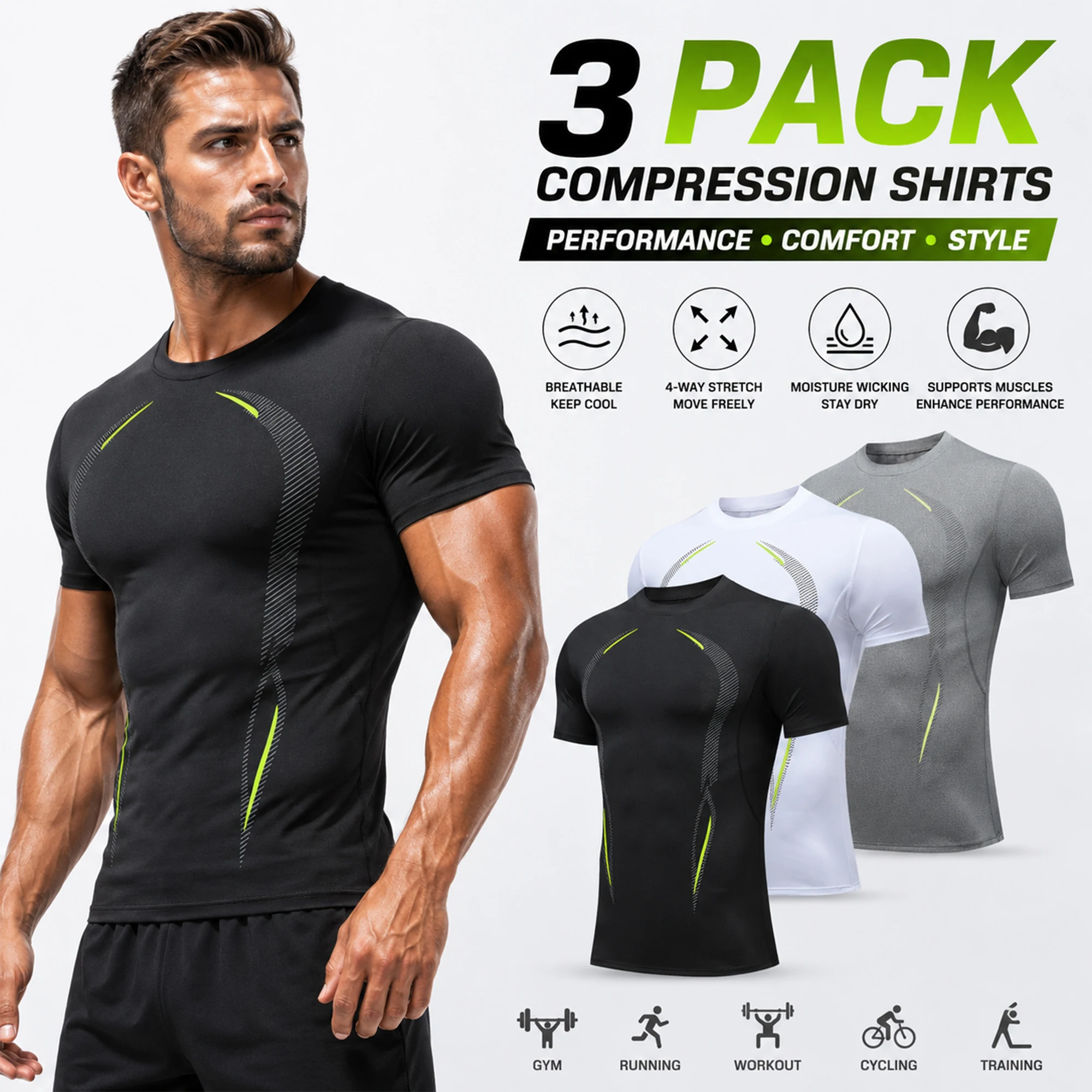Men's Compression Shirts 3-Pack Performance Workout Tops