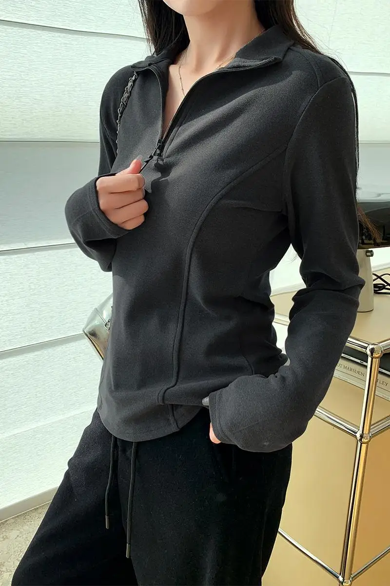 Camisa base feminina veludo alemão macio glutinoso meio zíper gola fosco veludo quente manga longa t camisa