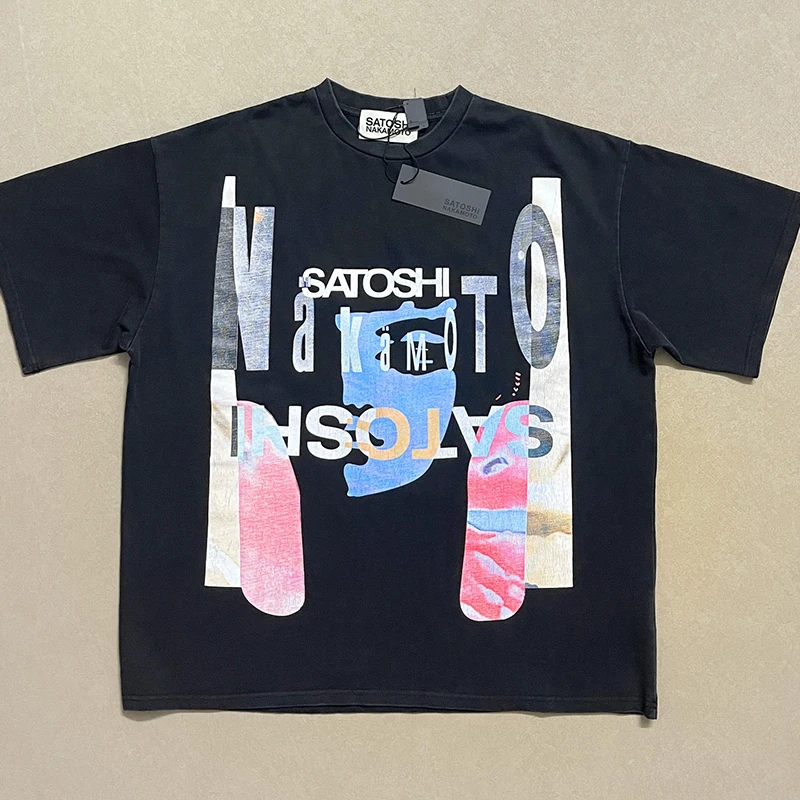American Satoshi Nakamoto T-Shirt Vintage Washed Graphic Print European American Trendy Loose Fit Short Sleeve Tee