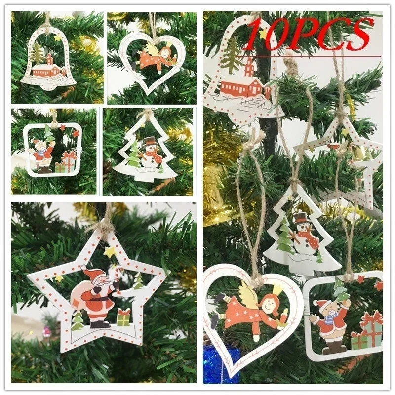 10PCS/Set Wooden DIY Christmas Tree Hanging Ornaments Pendant Bells Santa Claus New Year Decor Christmas Decorations for Home