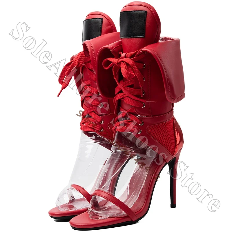 Red Fold Over Cuff Stiletto Heel Ankle Boot Sandals Open Square Toe Mesh Patchwork Lace Up High Top Sexy Party Ladies High Heels