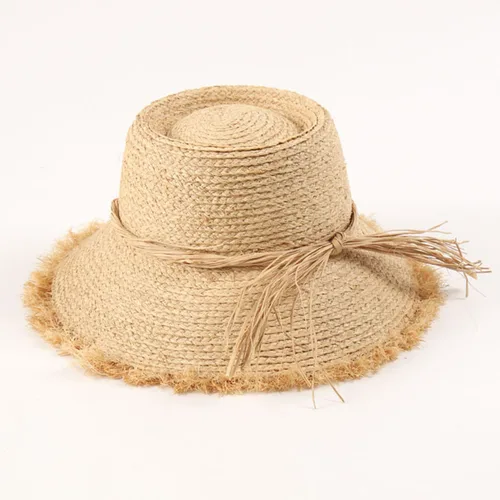 Sombrero de paja con flecos hecho a mano para mujer, sombrero de playa de ala ancha, sombrero de sol empaquetable, sombrero de cubo para exteriores, jardín, viaje, sombrero de pescador