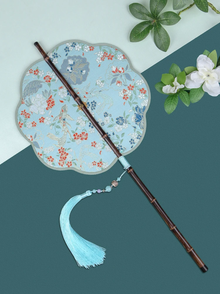 Round fan foldable manual fan long handle antique summer Hanfu cheongsam dance rotating fan wedding decoration crafts ornaments