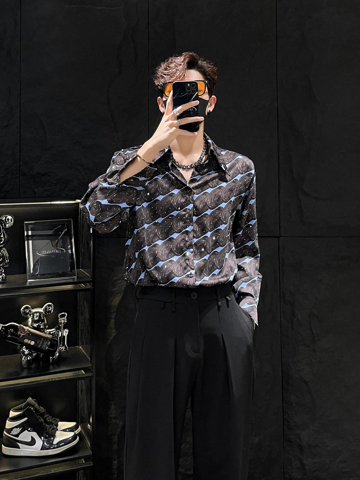 

Loose Long Sve Men's irt HOMME New Design Sensation Printed Diamond Heat Pad oulder Casual Match All New Faion irt