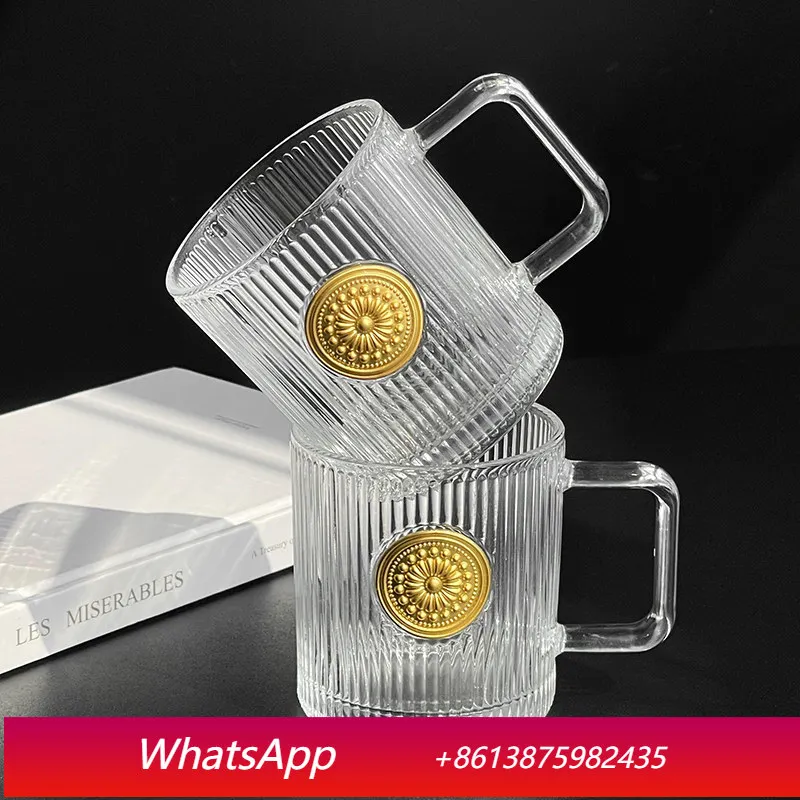 

Yjq retro sunflower gold piece with handle glass high-end household tea milk cup