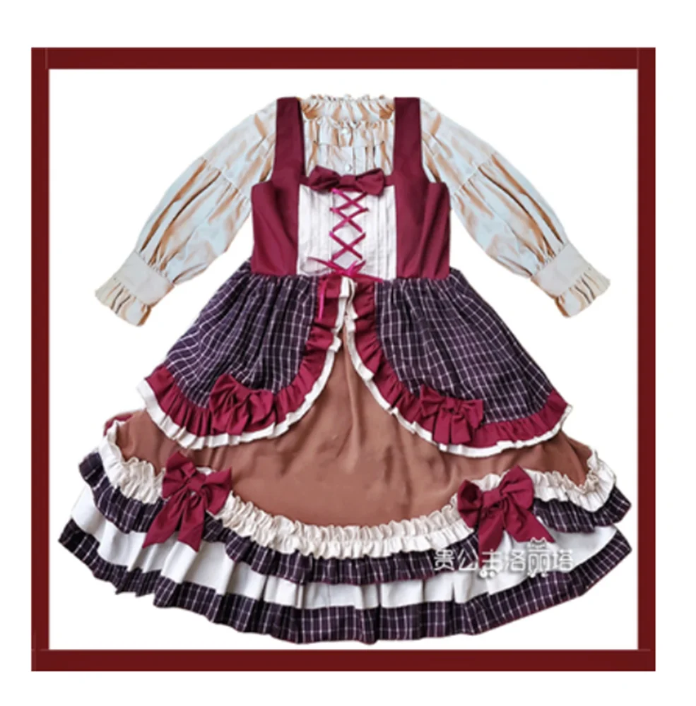 England Style Sweet Lolita Dress Vintage Falbala Bowknot High Waist Lattice Victorian Dress Kawaii Girl Gothic Lolita Jsk Cos