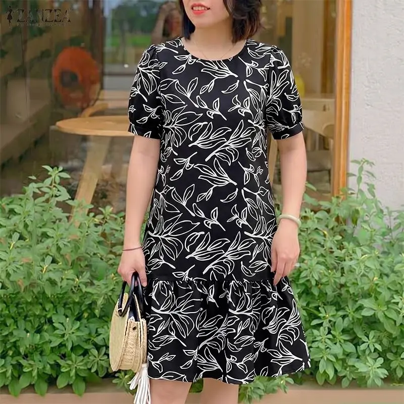 

Summer Bohemain Printed Dress ZANZEA Women Stylish Casual Holiday Beach Sundress Short Sleeve O Neck Dresses Knee Length Robe