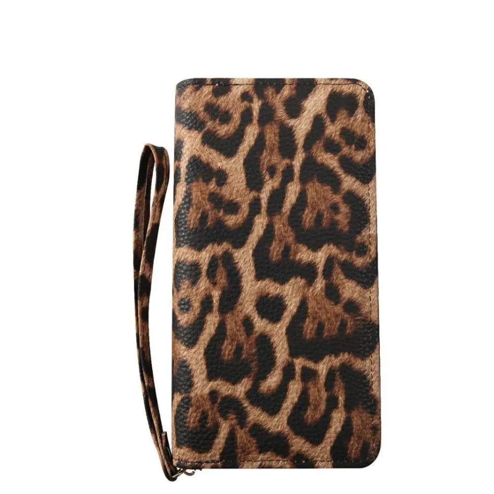 New Leather Leopard Print Wristlet Wallet Long Zipper Credit Card Wallet Vintage Cell Phone Purse Women