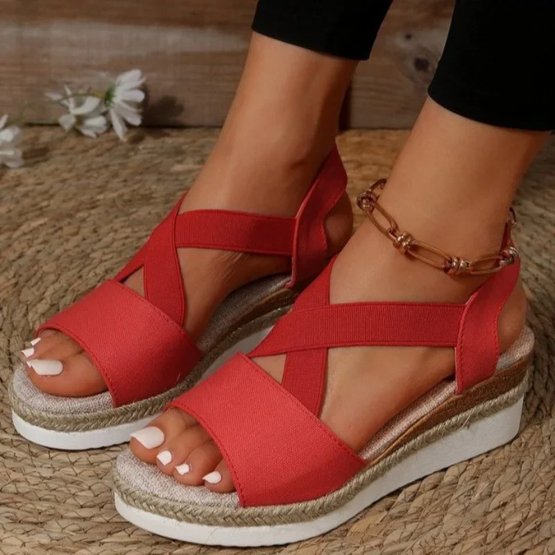 Sandal Wedge Platform jari terbuka wanita, sandal kasual wanita Retro luar ruangan ukuran Plus Musim Panas 2023