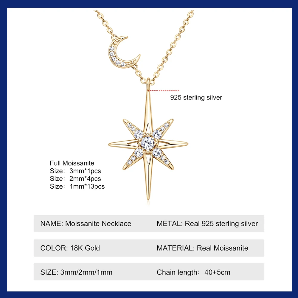 100% 925 Silver Full Moissanite Necklace for Women 18K Gold Plated Star&Moon Pendant Necklace Choker Chain Fine Jewelry Gifts