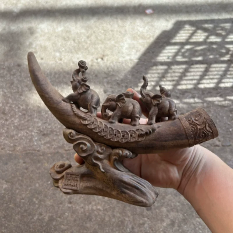 

Natural wood carved elephant statue ornament mascots attracting wealth feng shui auspicious home office decorations