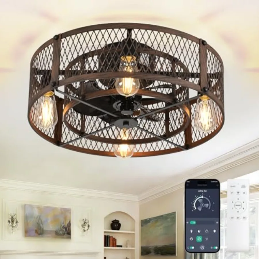 

Flush Mount Ceiling Fan: 20" Caged Ceiling Fans with Lights and Remote App Control for Kitchen Bedroom Farmhouse - Rustic Low P