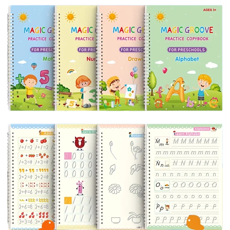 4pcs/set Reusable Children 3D Copybook for Calligraphy Numbers Handwriting Learning Math Book Writing for Kids Toys